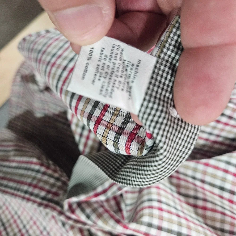 Paul Fredrick Mens 16-34 Slim Fit Non-Iron Cotton Check Dress Shirt Red Tan RB